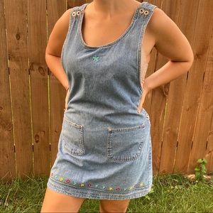 Denim/ Jean Overall Dress with Embroidered flowers